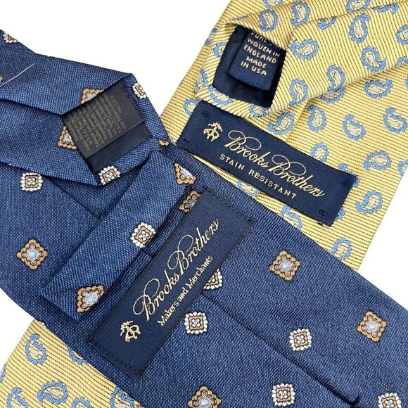 Brooks Brothers Silk Ties Lot of 2 Navy Blue Yellow Geometric Paisley - Picture 2 of 4